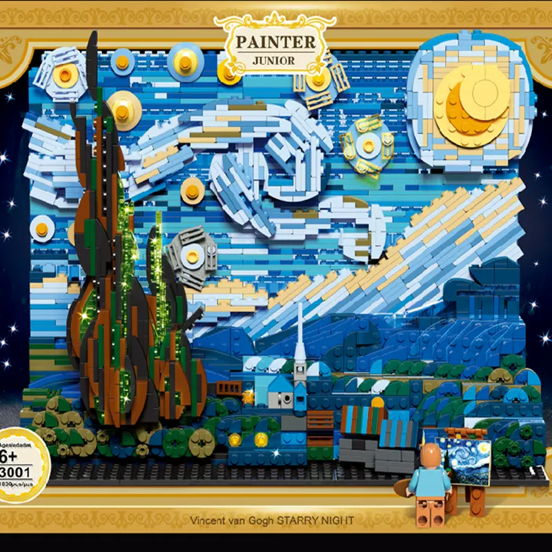 创意系列moc积木梵高星空星月夜画像成年高难度益智拼装玩具
