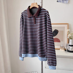 Women's autumn new style retro lapel striped sweatshirt