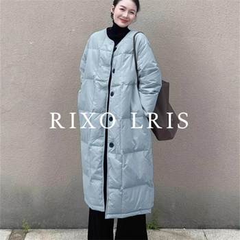 
RIXO LRIS French solid color thickened round collar plaid white duck down jacket for women all-match autumn and winter long coat