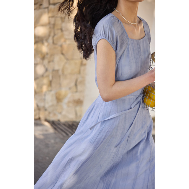 Solighter French Tennis Ramie Square Neck Backless Dress for Women in Summer 2025 New Waist-Close Long Skirt