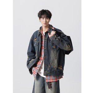 
American retro high street washing ripped denim jacket men's autumn trendy brand old design versatile lapel jacket