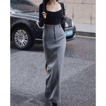 Suit pear -shaped body retro straight gray long skirt
