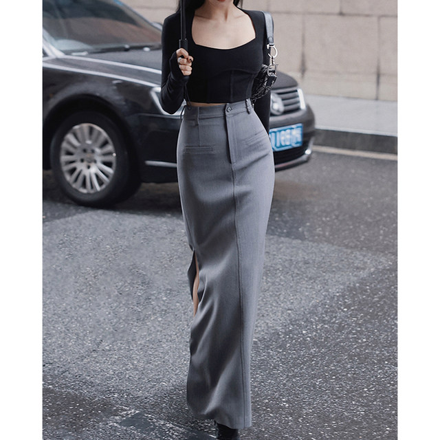 Pear-shaped figure plus size gray high-waisted hip suit half-length skirt for women slimming mm retro a-line straight skirt