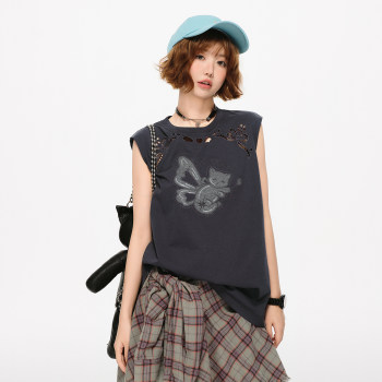 
Girlhalo American retro heavy industry hollow embroidered sleeveless T-shirt for women's summer new loose slim vest top