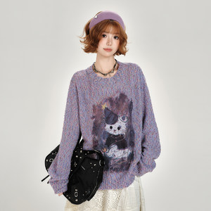 
Girlhalo American retro print pullover round neck knit sweater for women's autumn new loose slim top