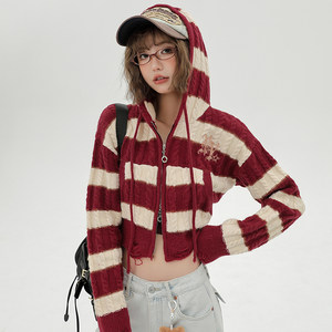 Girlyhalo American hot girl striped sweater cardigan jacket female autumn short slimming thin sweater

