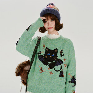 
Girlyhalo American retro cat jacquard round neck pullover sweater for women in autumn and winter new soft waxy loose top