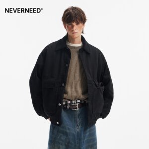 
NEVERNEED black workwear cotton clothes for men and women in autumn and winter American retro cleanfit couples warm cotton clothes