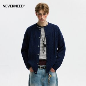 
NEVERNEED Twist Cardigan Sweater Men and Women Autumn American Trendy Brand Simple Texture Couple Knitted Jacket