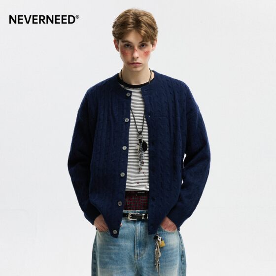 
NEVERNEED Twist Cardigan Sweater Men and Women Autumn American Trendy Brand Simple Texture Couple Knitted Jacket