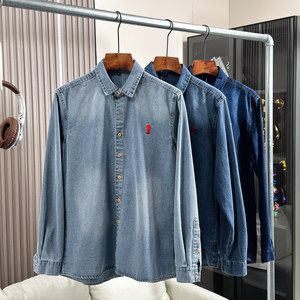 
Exquisite embroidery! American retro style! Spring men's versatile denim washed casual lapel long-sleeved shirt is trendy