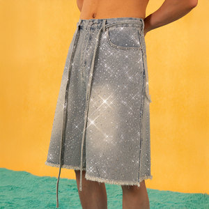 
CLP blue flash full of diamonds five-point jeans shorts for men and women with drawstrings loose wide legs raw edges casual retro trend