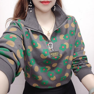 
Pure cotton sweatshirt for women 2025 new stand collar zipper spring large size loose long sleeve T-shirt fashionable top