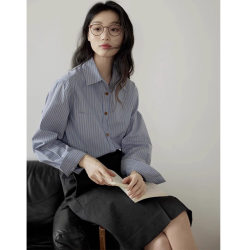 French-Style Commuter Layered Blue Striped Long-Sleeve Shirt for Women, New Spring and Autumn Model with a High-End Feel, Chic Collared Blouse
