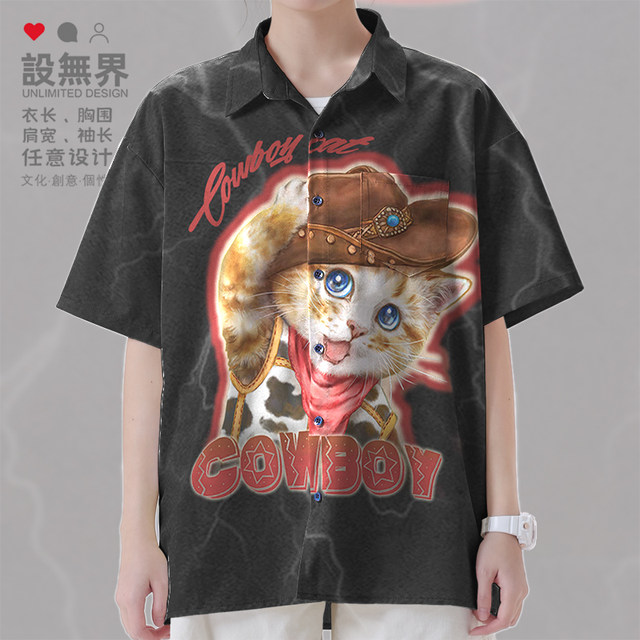 American retro western denim cat orange cat personality large size short-sleeved shirt men's and women's clothing 0017 design without boundaries