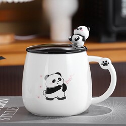 Simple Panda Mug with Lid and Spoon, Ceramic Water Cup, Office Coffee Cup, High-Value Breakfast Cup for Women, Suitable for Home Use