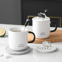 Cat Mug for Home Use, Ceramic Mug for Girls, Creative Gift, Coffee Cup with Lid and Spoon, Cute Couple Mugs