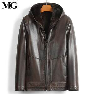 
High-end marten fur inner liner genuine leather leather jacket goat leather jacket hooded men's winter mink fur jacket