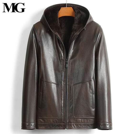 
High-end marten fur inner liner genuine leather leather jacket goat leather jacket hooded men's winter mink fur jacket