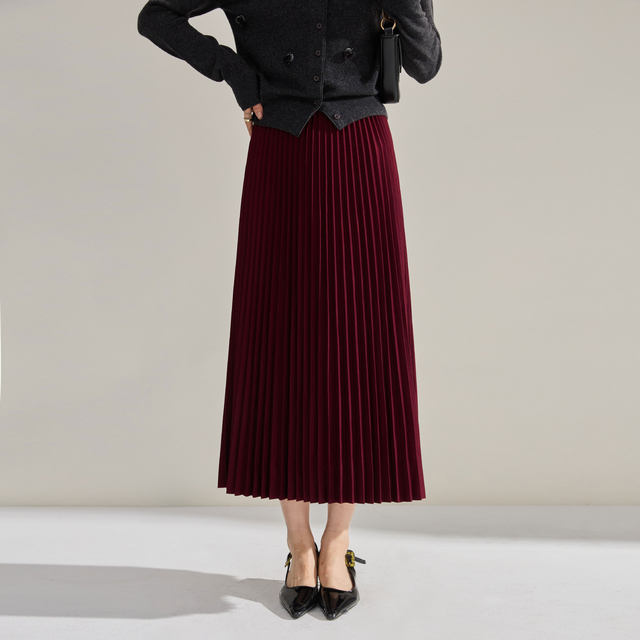 24 autumn and winter Ankela red pleated mid-length skirt commuting versatile high waist covering flesh to make you look thin and pleated skirt 15886
