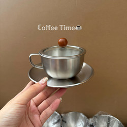 Vintage-Style Coffee Cup Creative Home-Use Retro Single-Handle Cup Set Stainless Steel Mug and Saucer Set High Aesthetic Value