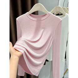 Pink Wool Tencel Base Layer Shirt for Women, Suitable for Autumn and Winter, Elegant Round Neck, Slim Fit, Long Sleeve T-Shirt, Top