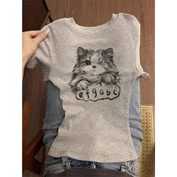 American Retro Gray Round-Neck Short-Sleeve T-Shirt for Women, Summer Sweet and Spicy Style, Slim Fit, Versatile Top for Women