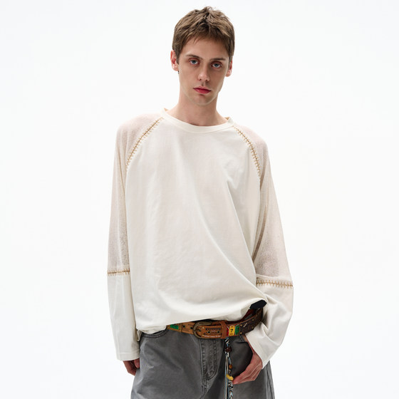 
MADWITCH hand-stitched stitching knitted long-sleeved T-shirts for men and women loose casual early autumn design couple tops