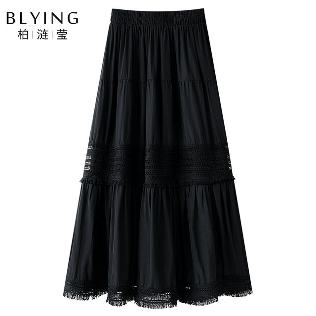 Black lace puffy skirt for women 2025 new autumn high-waisted a-line cake skirt slimming big hem mid-length skirt