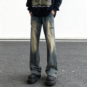 
American retro jeans blue men's spring and summer straight-leg micro-flare deconstructed zipper logging workwear pants