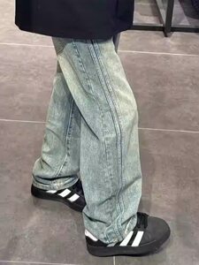 
American retro two-bar denim men's and women's same style trousers striped trousers straight-leg two-bar jeans cloth trousers on the side