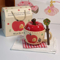 Birthday Gift for Girls, Cute Apple-Shaped High-Quality Mug with Lid and Spoon, Ceramic Water Cup for Drinking, Christmas