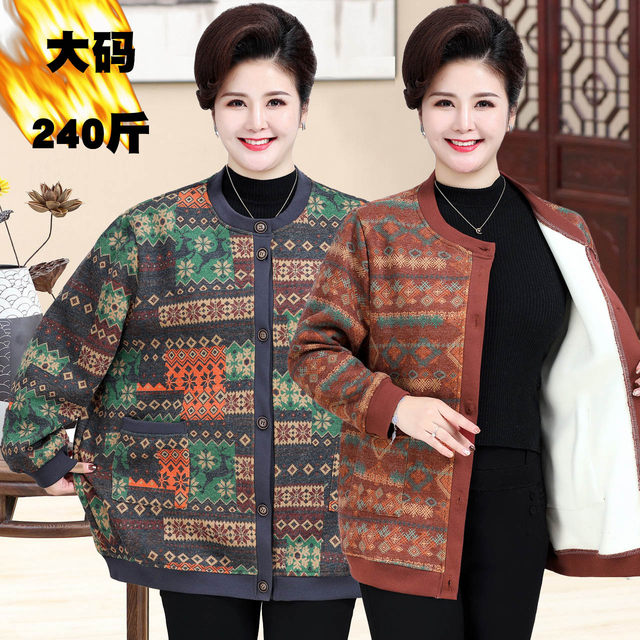 Fatty cardigan sweater for women's coat in autumn and winter, wearing a wool sweater for the elderly, plus velvet thickened mother, plus fat and larger size