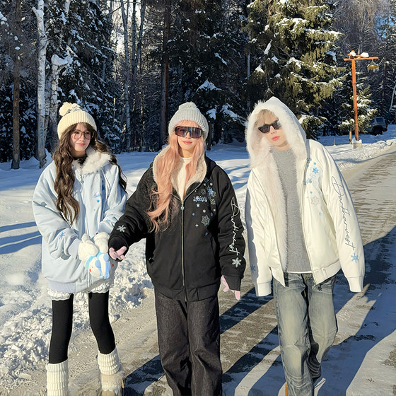 
126KID American snowflake embroidered mountain sculpture hooded cotton jacket for men and women, thickened zipper top for couples