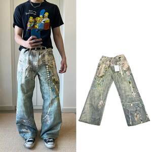 
Original AC style 25SS lace pearl chain trompe l'oeil 3D printing 1981 straight wide leg men's and women's jeans trendy