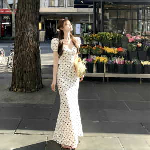 
INSTUNNING French retro white polka-dot dress, feminine v-neck waist bag hip skirt, elegant long skirt