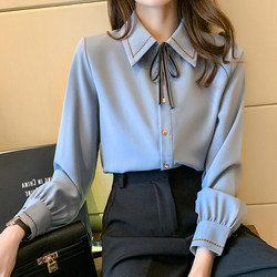 2026 Spring New Chiffon Blouse Top with Bow Tie and Turn-Down Collar, Women's Versatile Long-Sleeve Shirt