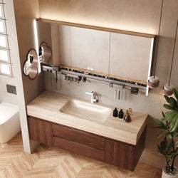 Bathroom Vanity Set 2026 New Model with Integrated Hot-Bent Travertine Stone Sink and Countertop for Toilet Washing