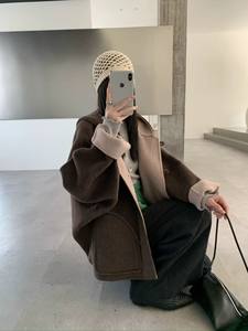 2025 New Korean Style Hooded Double-sided Cashmere Coat Women's Short Loose Lazy Style Casual Wool Coat Neck Jacket