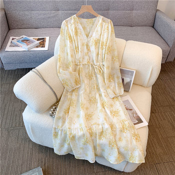 White temperament high-waisted chiffon floral skirt large size fat mm V-neck waist-closing flesh-covering mid-length dress
