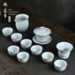 Bộ ấm trà Ru Kiln Kung Fu thủ công cao cấp dành cho gia đình Bộ hoàn chỉnh màu xanh da trời có thể mở được Ru sứ ấm trà nắp bát hộp quà tặng ấm tích pha trà bộ ấm trà in logo 