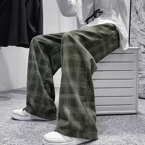 Special clearance casual loose straight-leg sweatpants men's autumn and winter plus velvet American retro plaid wide-leg trousers plus size