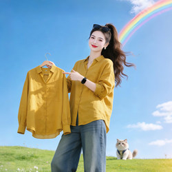 High-End Design Sunset Yellow Mid-Length Polo Collar Shirt Top 2026 Spring and Autumn New Women's Shirt Trend