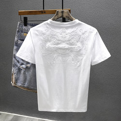 Chinese Style Lion Dance Embroidery Short-Sleeve T-Shirt for Men, Versatile Summer Pure Cotton Casual Half-Sleeve Tee, Youth Base Shirt