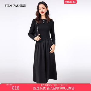 
One Movie One Fashion Spring New Style Spliced Black Dress Mid-Length Hollow High Waist Slim Fashion Women