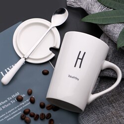 Mug with Lid and Spoon, Creative and Personalized Cup, Couple Drinking Cup, Men's Office Large-Capacity Coffee Cup, Ceramic