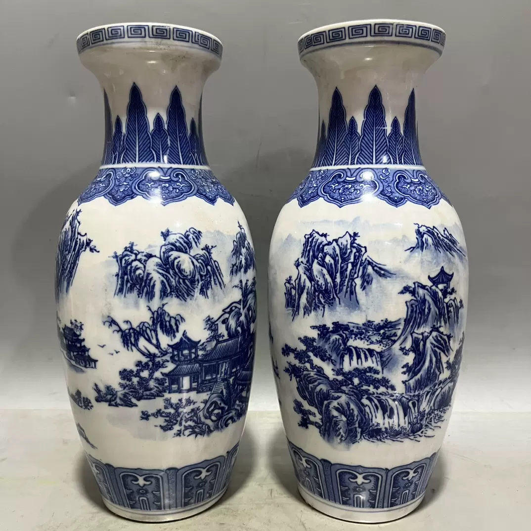 古董古玩明清官窑老瓷器收藏清代乾隆年制青花山水赏瓶一对农-Taobao 