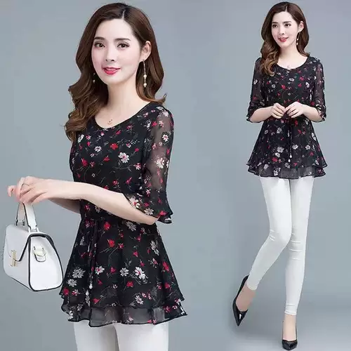 Летний шифоновый корсет, длинная футболка, цветочный принт, короткий рукав, средней длины, большой размер