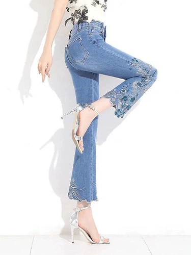 Летний китайский мегафон, джинсы, штаны, китайский стиль, высокая талия, с вышивкой, 2023, по фигуре