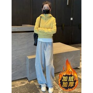 
Korean new winter versatile hooded zipper short sweatshirt jacket + thickened velvet warm casual pants set